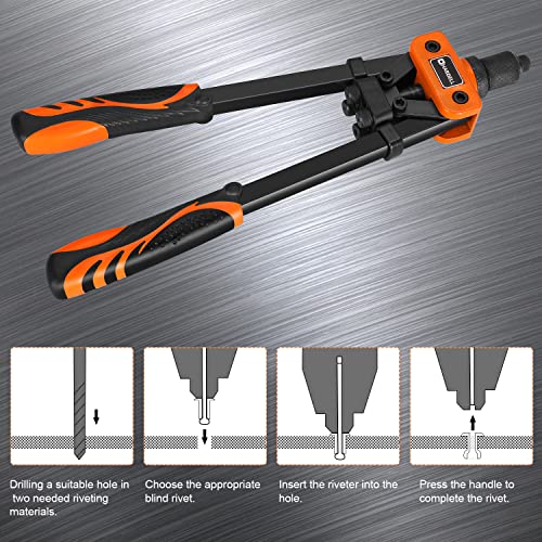 Hardell Rivet Gun, 14" Manual Hand Riveter With 100 Pcs Rivets, Heavy Duty Riveter With 5 Nosepieces For Plastic Metal Leather Vehicle #TOP3