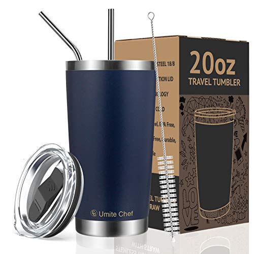 Umite Chef 20oz Tumbler Double Wall Stainless Steel Vacuum Insulated Travel Mug with Lid, Insulated Coffee Cup, 2 Straws, for Home, Outdoor, Office, School, Ice Drink, Hot Beverage ï¼ˆ20 oz, Navyï¼‰