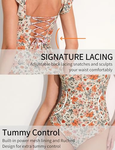 AJISAI One Piece Swimsuit for Women Ruffle Tummy Control Ruched Bathing Suit Backless Padded Swimwear Orange Floral M — view 5