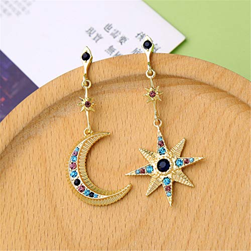 HMOOY Bohemian Moon Star Asymmetrical Dangle Hoop Earrings Crystal Moon and Sun Drop Stud Long Earrings Retro Exquisite Punk Style Accessories Jewelry for Women Girls (Gold-C)