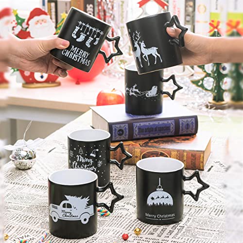 Bruntmor Black Christmas Coffee Mugs With Star Handle Set Of 6 | Large-Sized Christmas Mugs 14 Ounce New Year Holidays Novelty Christmas Cups - Decorative Diy Mugs| Hot Chocolate Gift Sets #TOP5