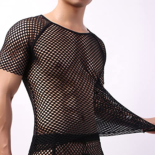 Abafip Men's Grid Mesh Fishnet Tank Tops Short Sleeve T-Shirt Slim Fitted Muscle Tee Workout Sheer See Through Undershirt Clubwear Black X-Large #TOP4