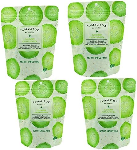 Cucumber flavor hard candy filled with chili, lime and sea salt. 4 Pack Cucumber Extravaganza