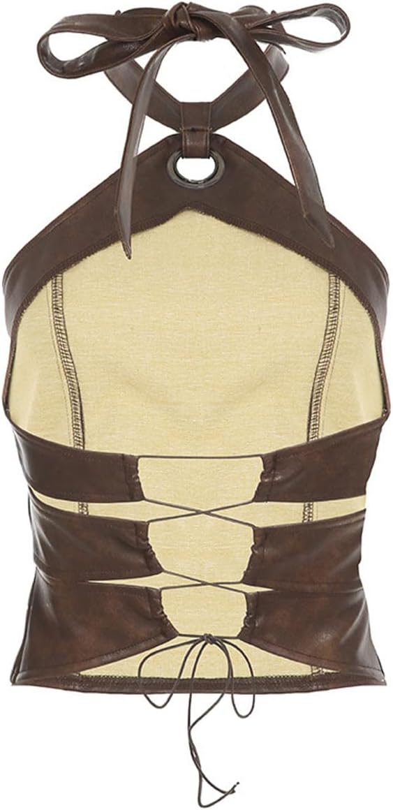 Women Y2K PU Leather Backless Ring Halter Tank Top Trendy Sleeveless Off Shoulder Lace Up Back Crop Cami Clubwear - Image 7