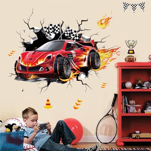 decalmile 3D Racing Cars Wall Decals Red Cars Flags Wall Stickers Boys Bedroom Kids Room Playroom Wall Decor - Image 2