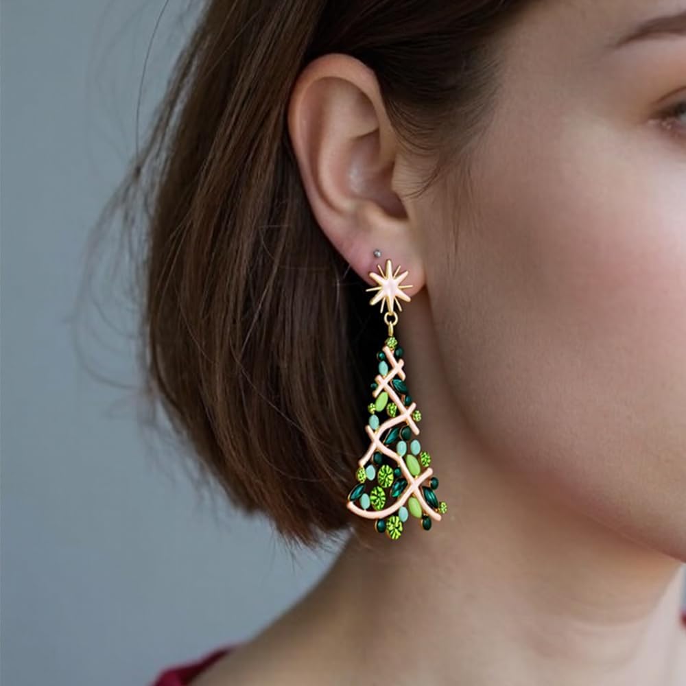 Christmas Earrings for Women, Mini Tree Dangle Earrings with Sparkling Crystal Snowflake, Festival Holiday Party Gift Jewelry - Image 5