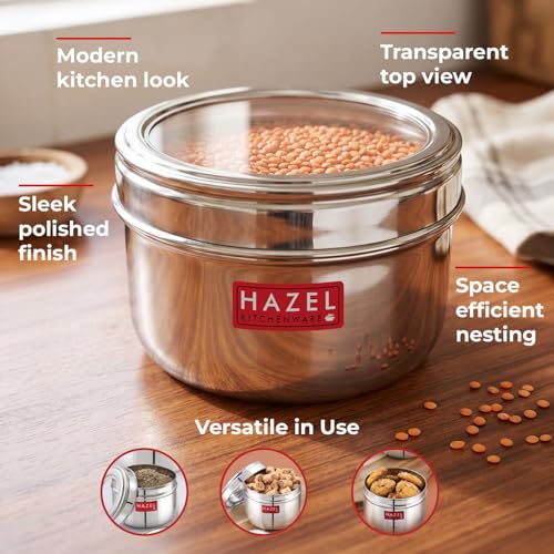 Image of HAZEL See Through Kitchen Storage Container Set 1100ml (Set of 6) | Stainless Steel Dabbas with Transparent Top for Pantry Use