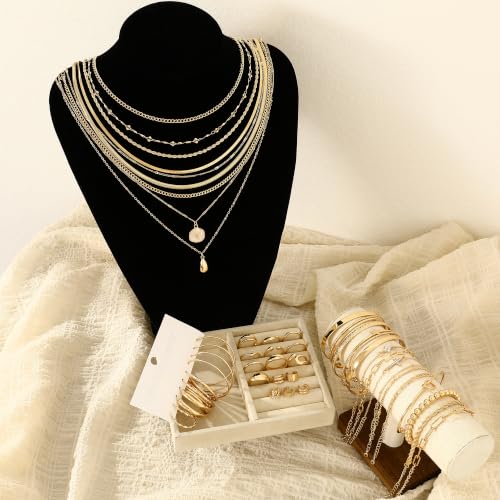 Image of FAXHION 68 Pcs Gold Jewelry Set for Women with 7 Necklace, 17 Bracelet, 5 Hoop Earrings, 15 Stud Earrings, 24 Knuckle Rings for Women Jewelry Set for Women Gift
