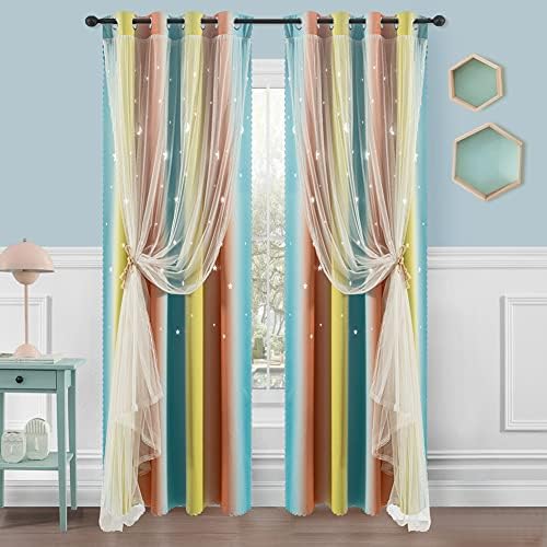 AJAZZ Curtains for Girls Bedroom Kids Curtain Hollow-Out Star Window Drapes Curtain Room Darkening Grommet 2 Layers,84 inch Length 2 Panels Set