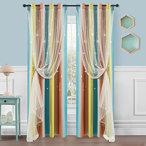 Ajazz Curtains For Girls Bedroom Kids Curtain Hollow-Out Star Window Drapes Curtain Room Darkening Grommet 2 Layers,84 Inch Length 2 Panels Set #TOP2