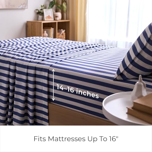 Image of Mellanni Twin XL Sheets Set - 3 PC Iconic Collection Bedding | Hotel Luxury, Extra Soft, Cooling Bed Sheets - Wrinkle, Fade, Stain Resistant (Twin Extra Long, Oxford Stripe Blue Nova)