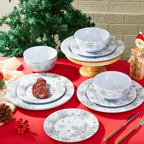 Ziliny JNE-ZILINY-189 12 Pcs Christmas Snowflake Melamine Dinnerware Set Plates And Bowls Set thumb #4