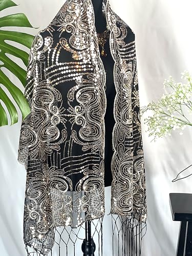 Sparkle Floral Sequin Scarf Vintage Style Evening Shawl Bling Classy Wedding Scarf Tassel Embroidery Lace2