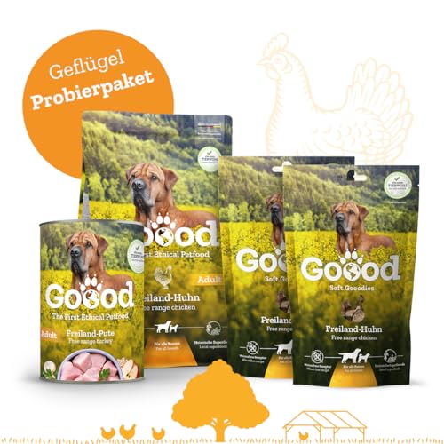 Goood Adult Freilandhuhn Probierpaket – 300g Trockenfutter, 400g Nassfutter, 2X 100g Snacks - Hundefutter mit hochwertigen Proteinen und wertvollem Vollkorn - für alle Rassen und Größen