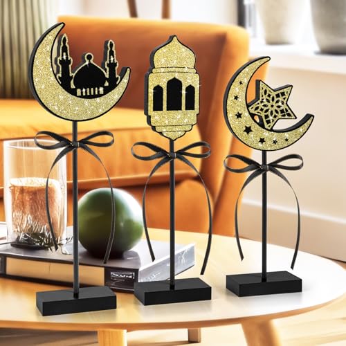 3 Pieces Ramadan Decorations Eid Mubarak Table Decor Wooden Set, Islamic Ramadan Tiered Tray Decor for Muslim Party Tabletop Decor Home (Shiny) - Image 3