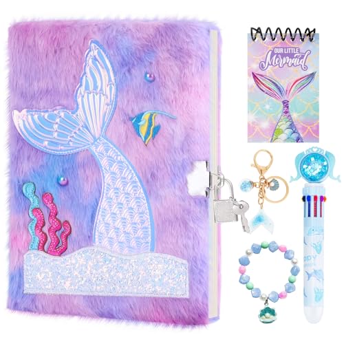 Homicozy Secret Diary for Girls, Mermaid Diary with Lock for Kids, Plush Notebook with 10 Color Pen for Girls Age 7-14, Kids Journal with Cute Key Chain, Notepad, Girls Birthday Christmas Gifts
