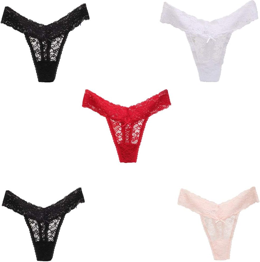 Women's Sexy Lace Thongs V Cheeky Underwear See Through Panties Pack of 5 - Image 2