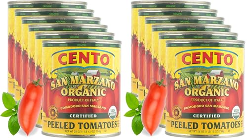 Cento Organic Certified San Marzano Whole Peeled Tomatoes 28 Oz, Canned Plum Tomatoes in Thick Puree with Basil, Grown and Processed in Italy (Pack of 12)