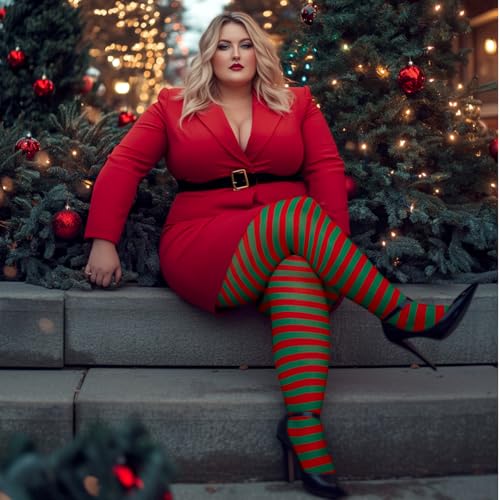 Image of MANZI 2 Pairs Women's Plus Size Colored Striped Tights 40D Nylon Striped Pantyhose for Halloween Christmas