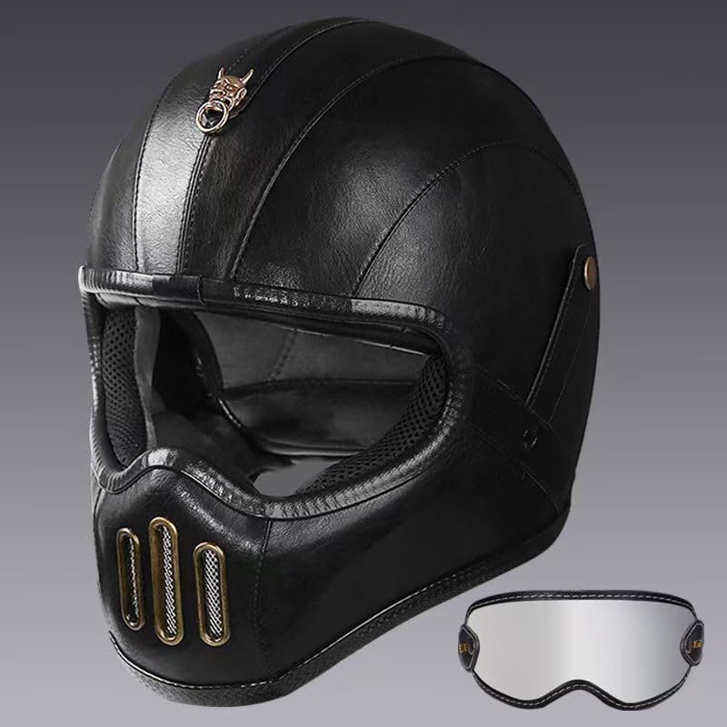 Casco retro de motocicleta de cara completa de cuero de fibra de vidrio para hombres y mujeres Street Off-Road Ciclomotor Racing ATV Motocross