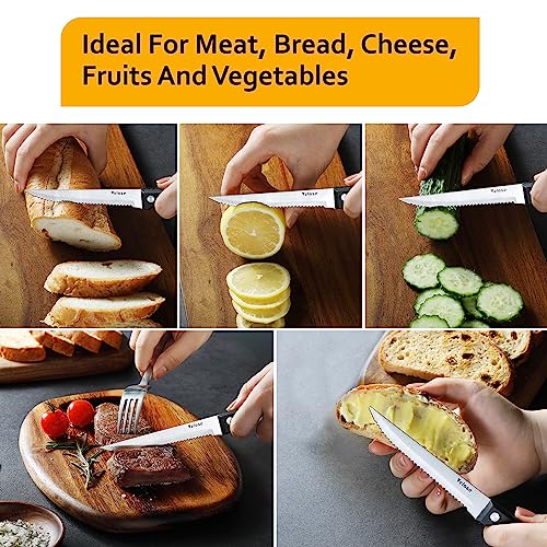 Foto von Velaze Steakmesser Set, 6tlg Küchenmesser mit Wellenschliff, glatten Klinge aus rostfreiem Edelstahl, Pizzabesteck, Besteck Messer, Steakbesteck