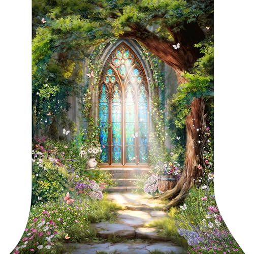 Riyidecor Fairy Backdrop Polyester Fabric Green Enchanted Garden Wonderland Butterfly