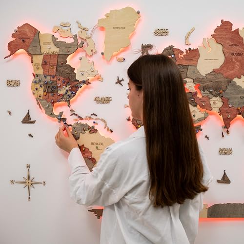 Enjoy The Wood 3D LED Mappa del Mondo in Legno 3.0 Decorazione da Parete LED Mappamondo da Parete Segna Viaggi Legno Decorativo Idea Regalo da Ufficio o per Nuova Casa Map Viaggi Fatti (Fusion)