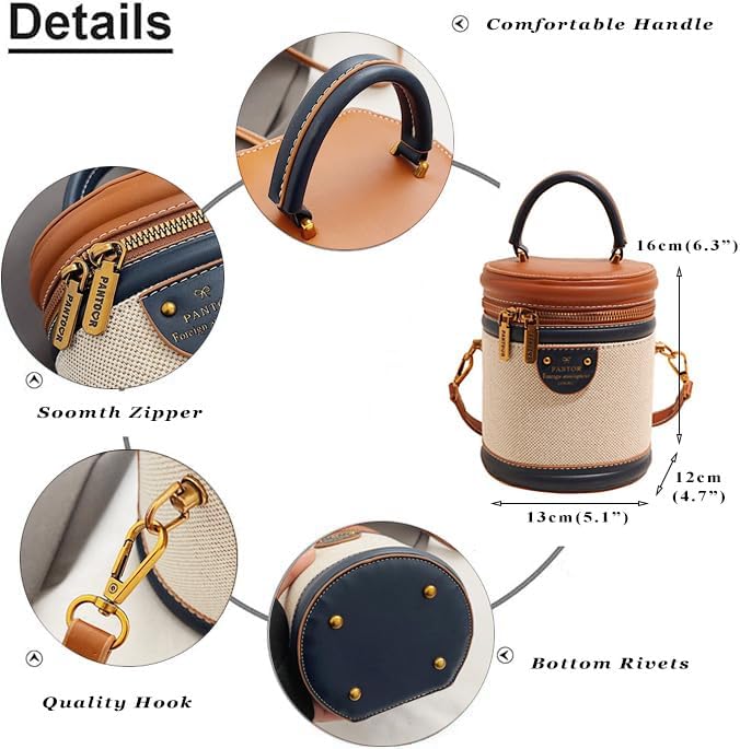 RTGGSEL Retro Canvas Bucket Bag Color Contrast Cylinder Purse for Women Shoulder Crossbody Handbag with Zipper - Image 4