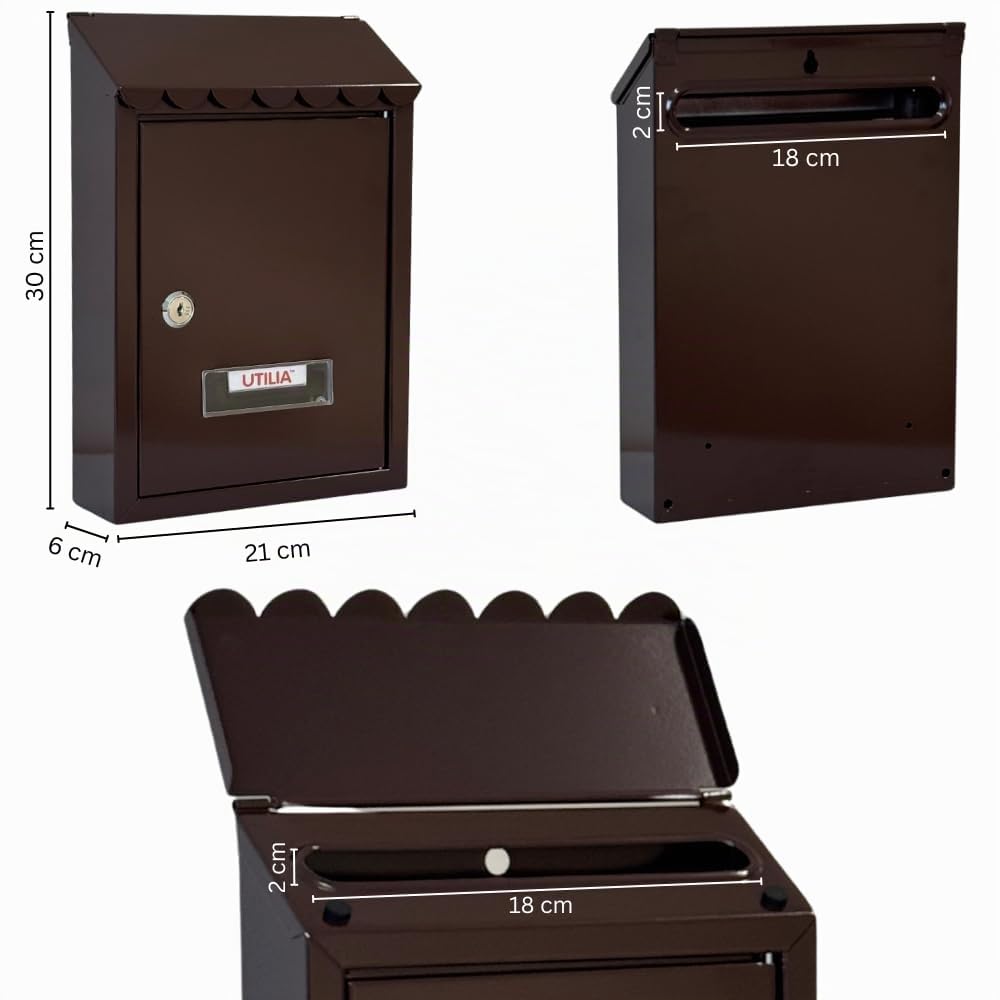 UTILIA Buzón de correos Capri 21 x 6 x 30 cm, porta cartas de chapa pintada con techo, solapa superior trasera, buzón exterior con cerradura de cilindro, 2 llaves (marrón)