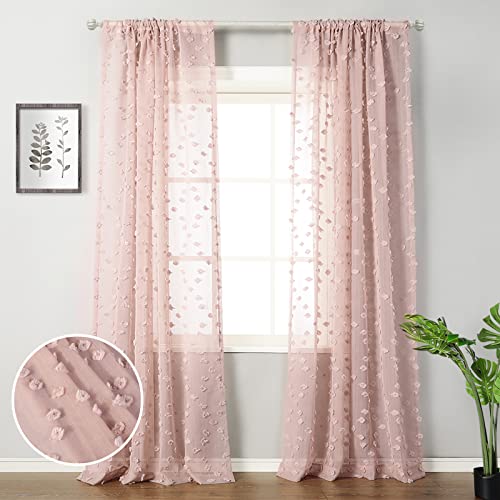 Mysky Home Pom Pom Pink Sheer Curtains For Bedroom Light Filtering Semi-Sheer Curtains For Nursery Girls Kids Room Rod Pocket Boho Voile Window Draperies Dusty Pink 52 X 95 Inch 2 Panels #TOP16