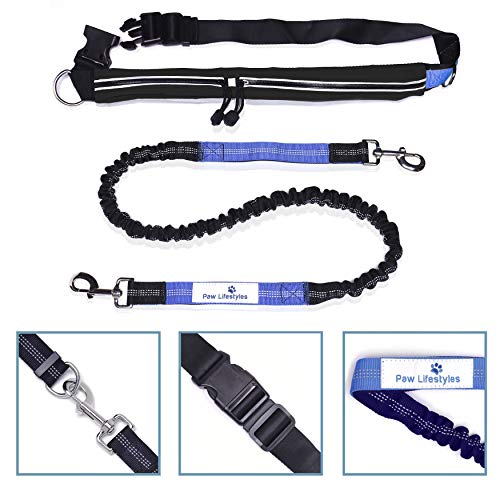 Paw Lifestyles Retractable Hands Free Dog Leash W/Smartphone Pouch – Dual Handle Bungee Waist Leash For Up To 150 Lbs Large Dogs (Black - Blue W/Smartphone Pouch) #TOP6