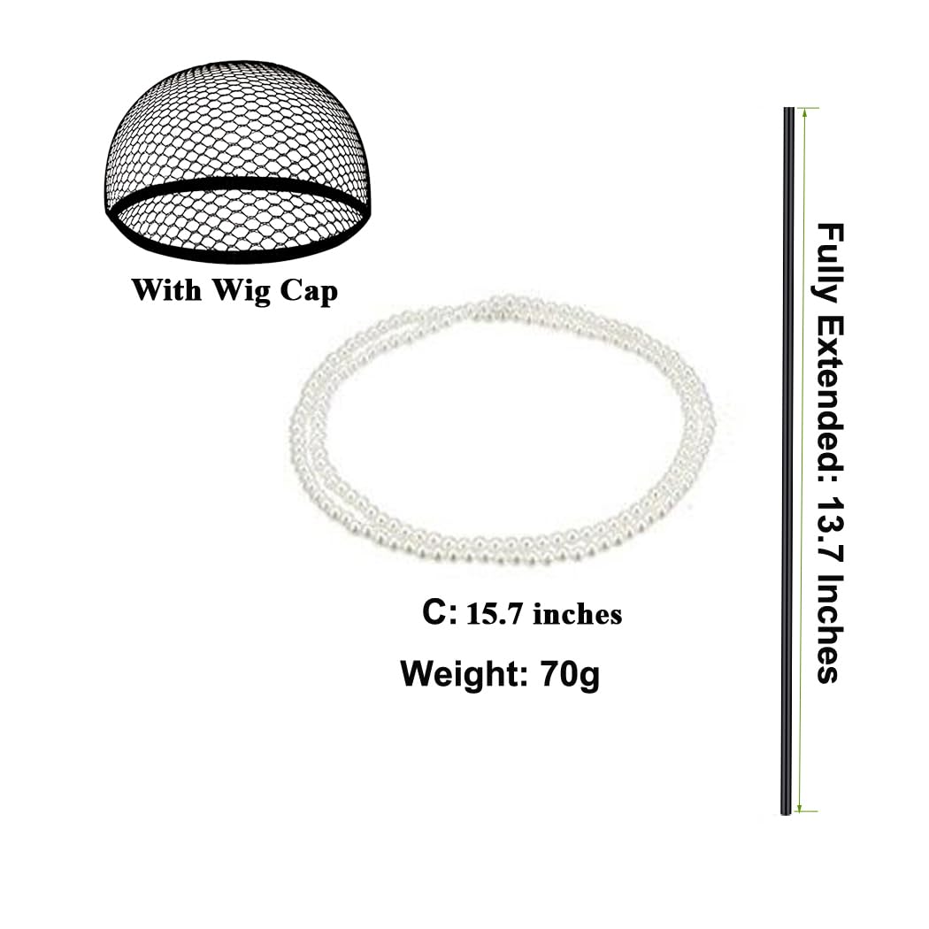 6 Pcs Halloween Cosplay Costume Accessories with Short Black and White Wig Faux Shawl Red Gloves Costume Stick Pearl Necklace and Wig Cap