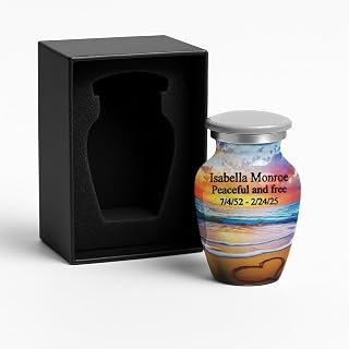 Personalized Keepsake Urn for Ashes – Small Gray Cremation Urn with Custom Text – Ocean Sunset and Heart in Sand Design – Mini Memorial Keepsake for Human Ashes – Elegant Tribute for Loved One