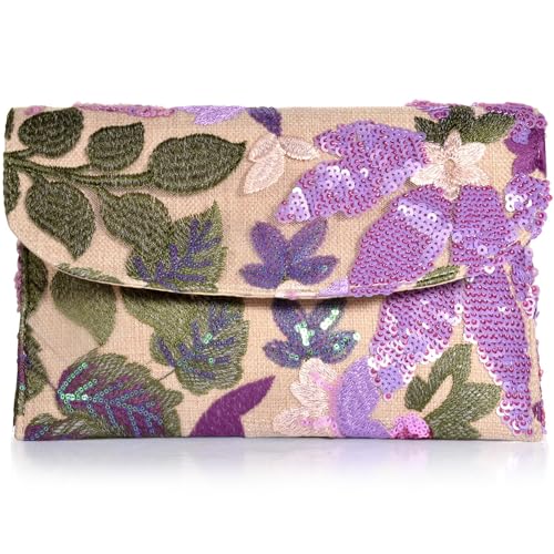 zhanghe Floral Embroidered Sequin Clutch Purse for Women Wedding Guest Beaded Evening Bag | Sparkly Evening Purse for Prom (Purple)