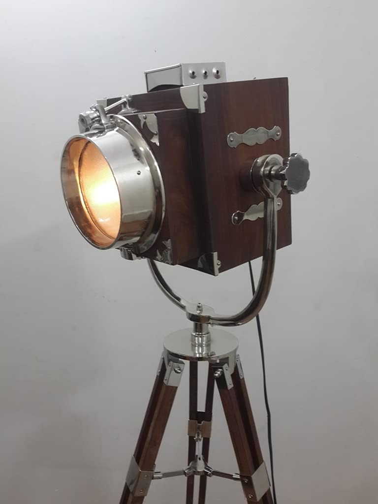 Marine Wood Vintage Theater Spot Searchlight with Wood Tripod Stand Rustic Vintage Home Decor Gifts