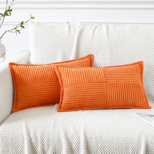 Image of Artscope Corduroy Cushion Covers Pack of 2 Modern Patchwork Throw Pillow Covers Soft Pillowcase Broadside Decorative Textured Cushions for Home decor Sofa Bedroom Couch Orange 30x50cm
