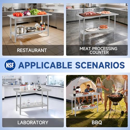 Image of ROCKPOINT SS304 Top All Stainless Steel Table for Prep & Work 24x60 Inches, NSF Commercial Kitchen Heavy Duty Table with Adjustable Undershelf for Restaurant,Kitchen, Home and Hotel