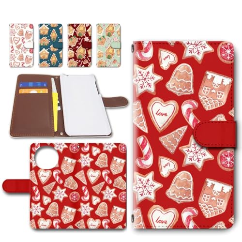 AQUOS R9 (SH-51E / A401SH) / AQUOS R10 (SH-51F / A501SH) ケース 手帳型 スマホケース カメラ穴搭載 ダイアリー スマホ携帯カバー クリスマス クッキー柄 北欧 [デザインA／レッド] 赤色 アクオスR9 アールナイン dc-380