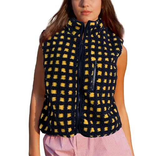 Songling Women's Checkered Sherpa Vest Fleece Winter Sleeveless Coat Zip Front High Neck Plaid Gilet with Chest Pockets