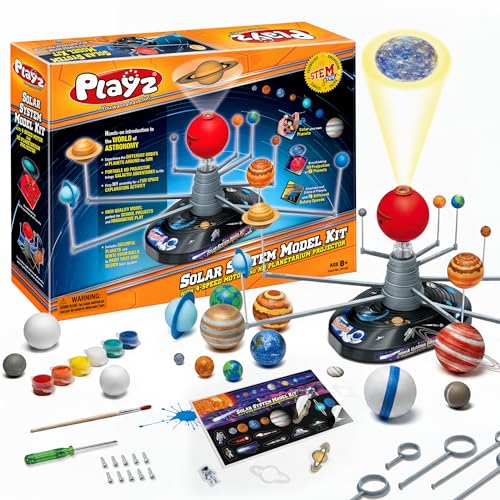 Playz Premium Solar System Model Kit for Kids - 4 Speed Motor, HD Planetarium Projector, 8 Painted Planets & 8 White Foam Balls with Paint and Brush for a Hands-On STEM DIY Project for Space Toys