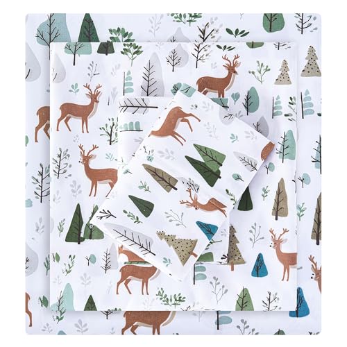 Viviland Christmas Holiday Queen Sheet Set - 4 Piece Forest and Deer Patterned Bed Sheets Set - Soft, Breathable Microfiber Sheets with Deep Pocket, Non-Slip Fitted Sheets & Pillowcases