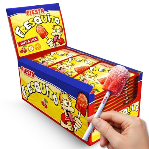 Fresquito sabor Cereza, Caramelo con palo y polvo acidulado, sin gluten, sin huevo y sin lactosa es completamente apto para celíacos, Contiene 1 caja con 120 unidades