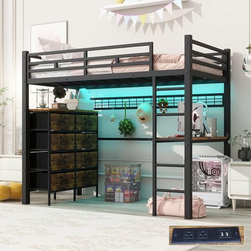 FULLJOJOR Loft Bed Twin Size with Desk, 8 Storage Drawers, Power Outlet, LED Metal Loft Bed with Storage Shelve, Bed with Safety Guardrail & Ladders,Space-Saving,Black
