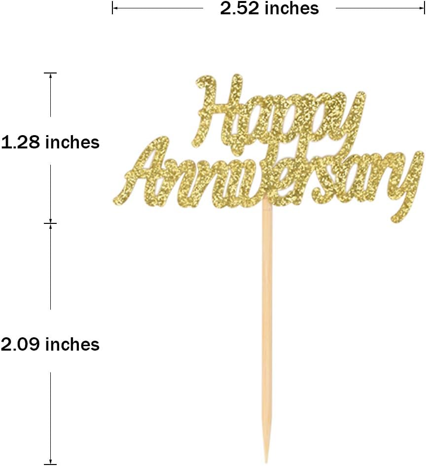 24 Pieces Gold Glitter Happy Anniversary Cupcake Toppers Cake Picks for Wedding Anniversary Party Table Decorations