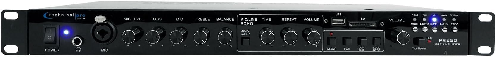 Technical Pro PRE50 2-Channel Rechargeable Pre-Amplifier Pre-Amp w/USB/SD Preamp