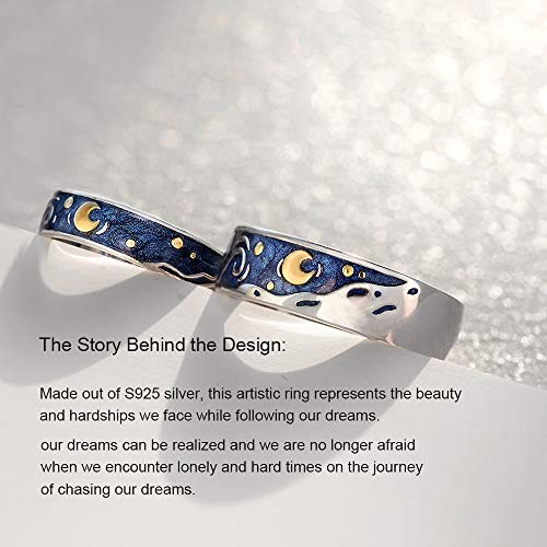 Image of Thaya 925 Sterling Silver Van Gogh's Sky Couple Rings Bright Shining River /Bee Promise Rings Blue Open Band Ring Engagement Romantic Jewelry Ring Size 5-8 Jewelry Gift for Women and Girls