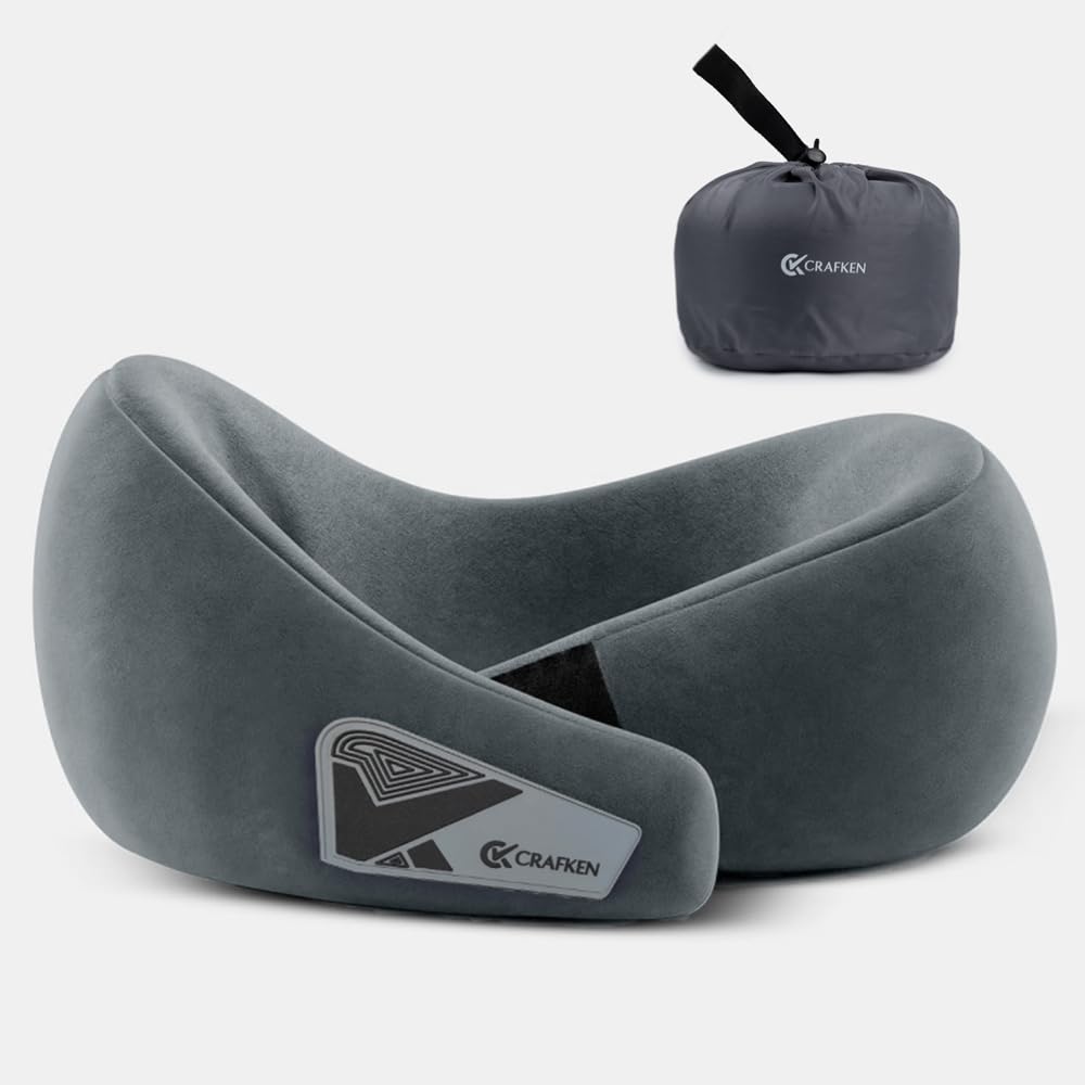 CRAFKEN Travel Neck Pillow | 360° Memory Foam Neck Support Pillow for Flight and Car | Hi-Per Memory Foam, Removable Breathable Velvet Cover (Machine-Washable), Adjustable Velcro Strap (charcoal grey)-image-42