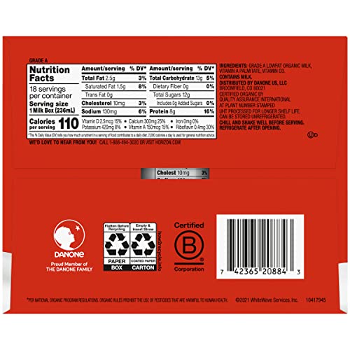 Horizon Organic Shelf Stable 1% Lowfat Milk Boxes, Pack of 18 - 8g Protein per Serving
