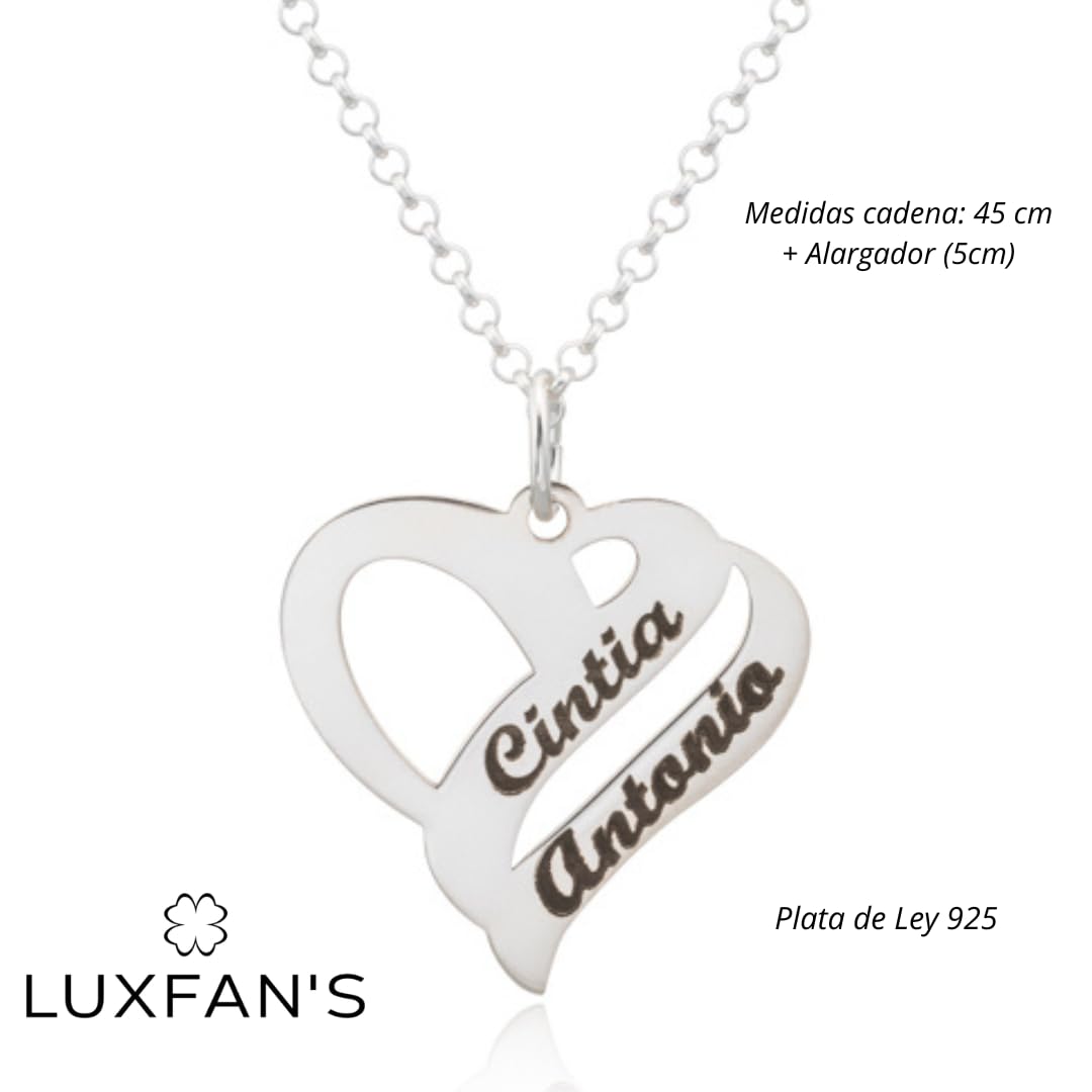 Collar Corazón en Plata de Ley 925 para Mujer personalizable con Nombres. Cadena de 45 cm. Ideal para regalar a madres, abuelas en Cumpleaños, Día de la Madre, Navidad. Hecho en España