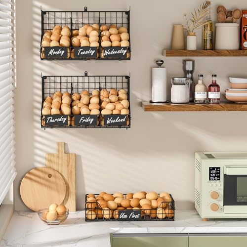 X-cosrack Egg Holder Countertop, 3 Tier Egg Rack with Labels Dividers to Separate Eggs, Stackable Wire Baskets for Fresh Egg, XXL Egg Dispenser for Countertop/Wall-Mounted (Patent Pending)